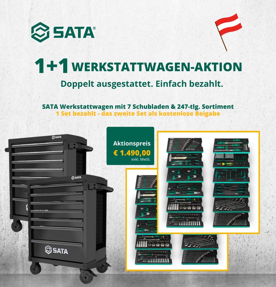 SATA 1+1 Werkstattwagen-Aktion: Werkstattwagen mit 7 Schubladen und 247-tlg. Sortiment, das zweite Set gratis